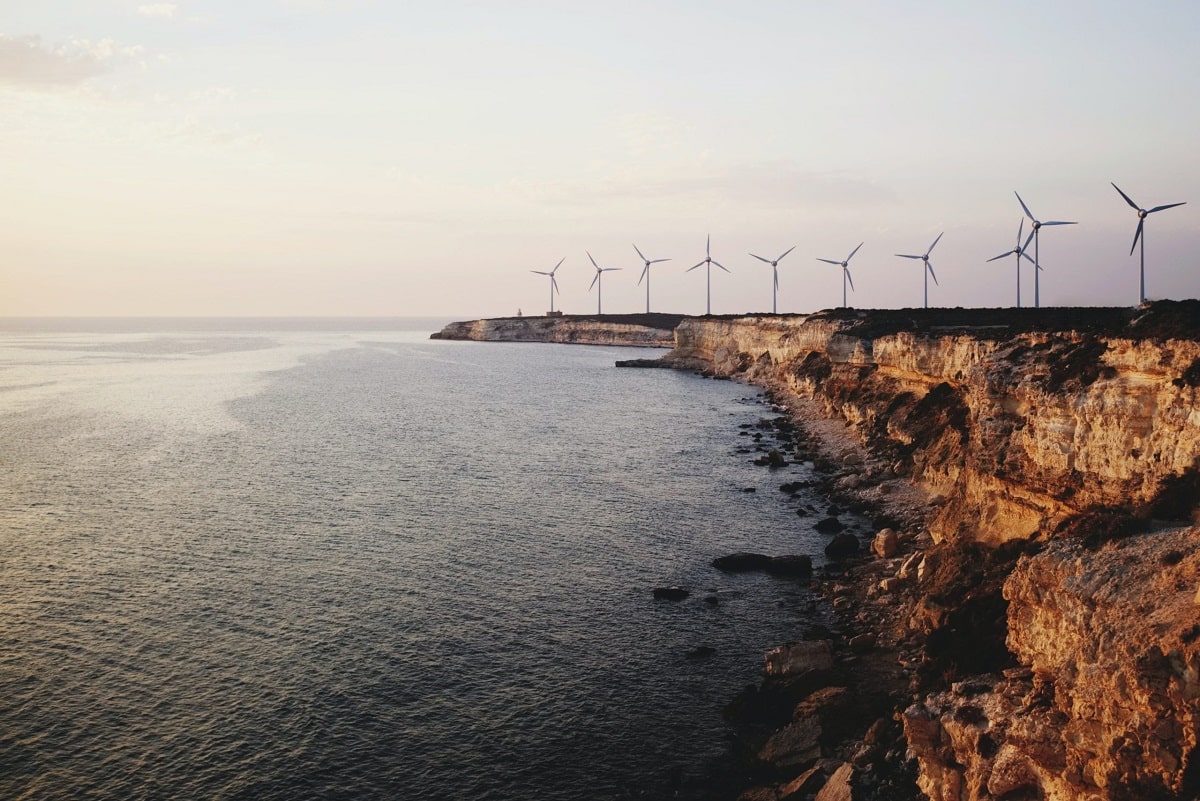 Wind turbines on a seashore